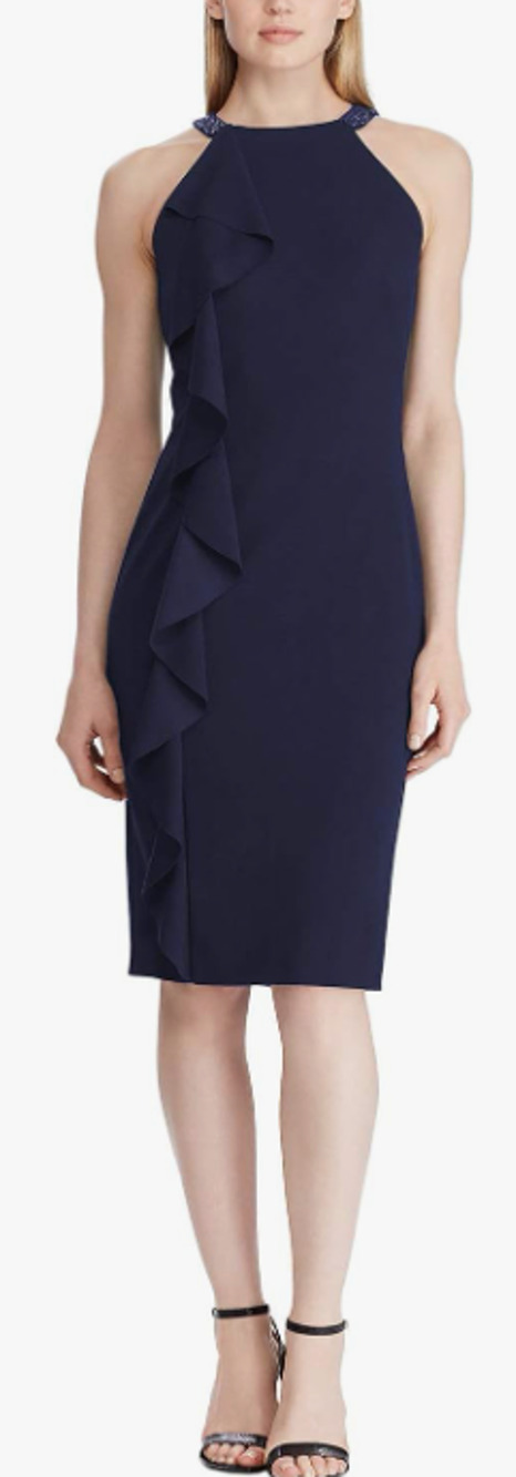 Lauren Ralph Lauren Navy Blue Beaded Halter Ruffle Sheath Dress Size 6